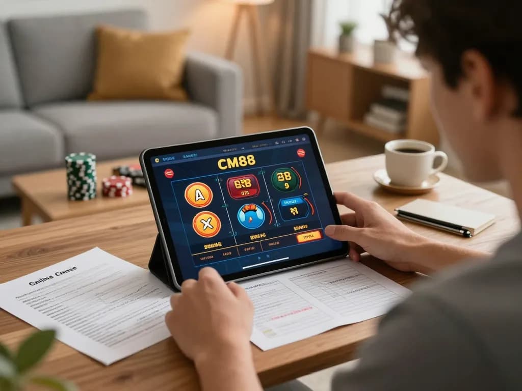 Player engaging with CM88 casino app on tablet in cozy home setting.