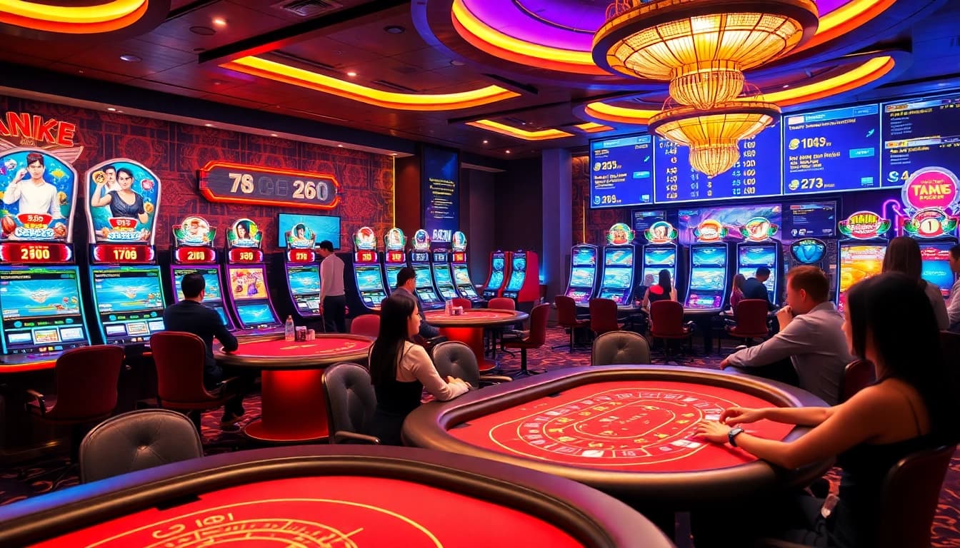 Dynamic 98win casino scene showcasing thrilling games, avatars, and vibrant lights.