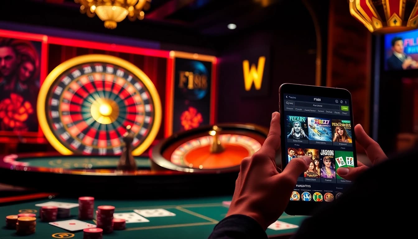 Engage with the Fi88 app through a luxurious casino atmosphere featuring poker, roulette, and vibrant gaming elements.