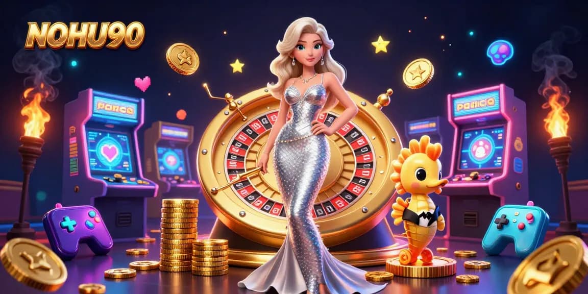 Play and win big with NOHU90 in this vibrant 3D casino illustration featuring slot games and jackpots.