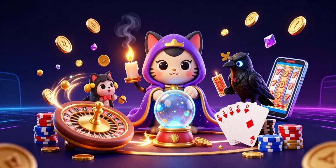 Win big at vipwin with a vibrant casino scene featuring a mystical cat, glowing raven, and flying coins.