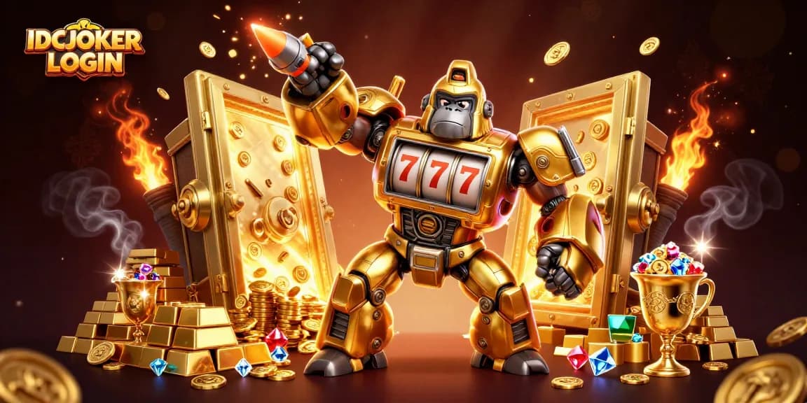 Engage with IDCJOKER LOGIN as the golden gorilla mech unleashes coins in a vibrant casino atmosphere.