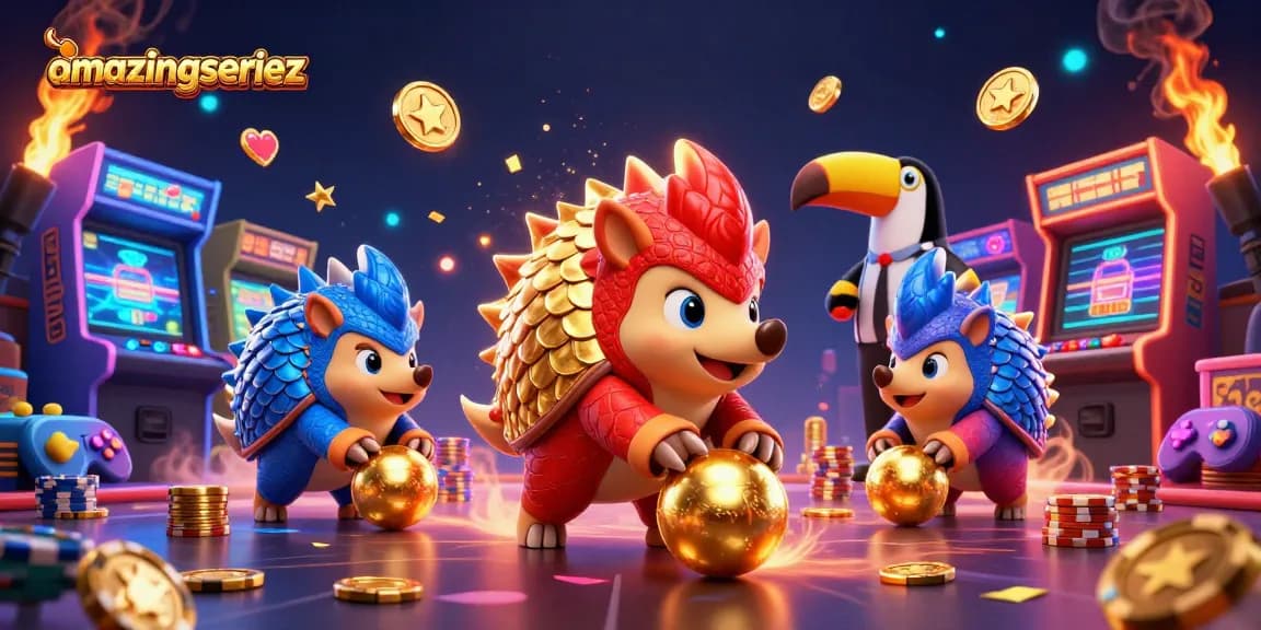 Amazingseriez showcases rival pangolins competing in a colorful casino-themed scene with vibrant gaming elements.