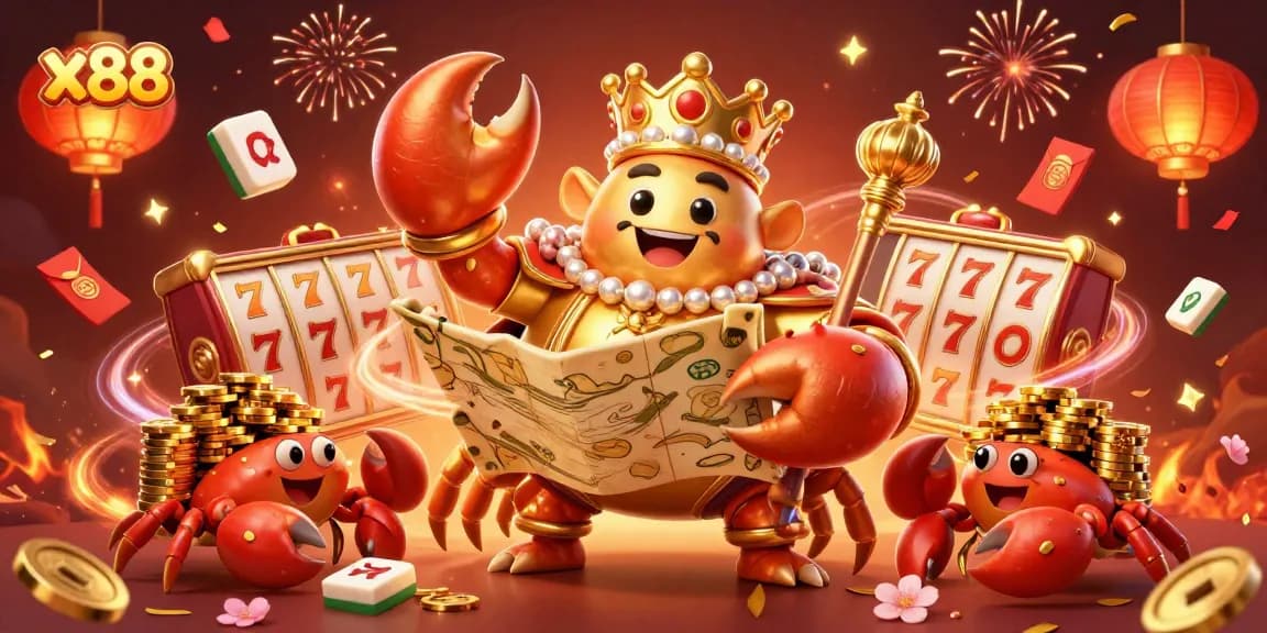 x88 players enjoy vibrant slot gaming with a golden crab emperor and celebrations.