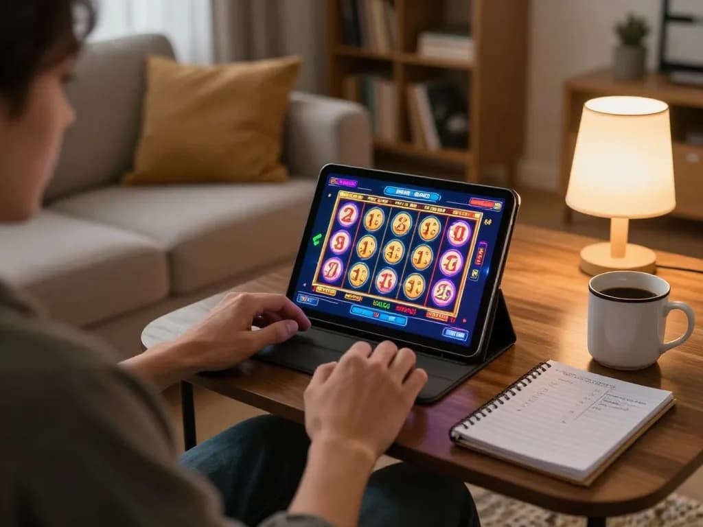 Player enjoying online gaming with rr99t slots on tablet in cozy living room setting
