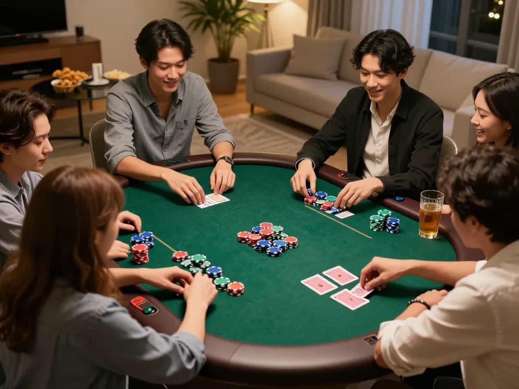 Friends enjoying a lively poker night at home on the cm88-vn platform, showcasing engaging gameplay and social interaction.
