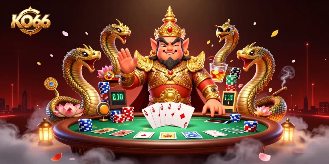 Play poker at KO66 with a vibrant illustration featuring Thai guardians and colorful game elements.