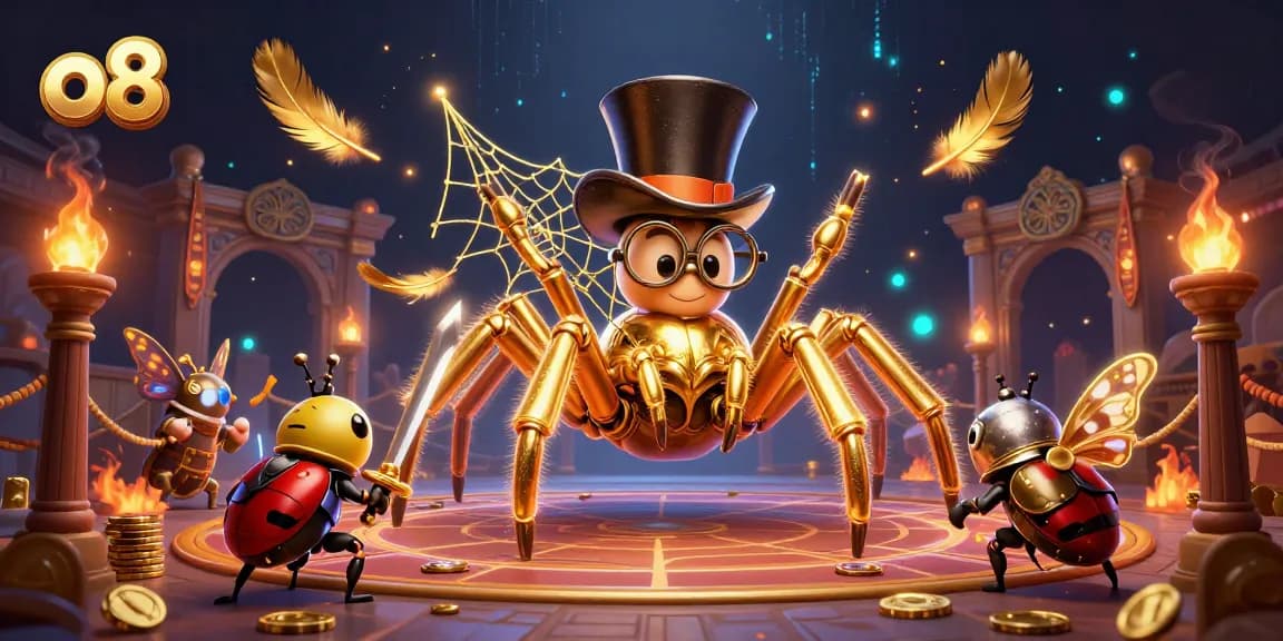 Bet on o8 as a golden tarantula weaves a web of fortune in a vibrant casino scene