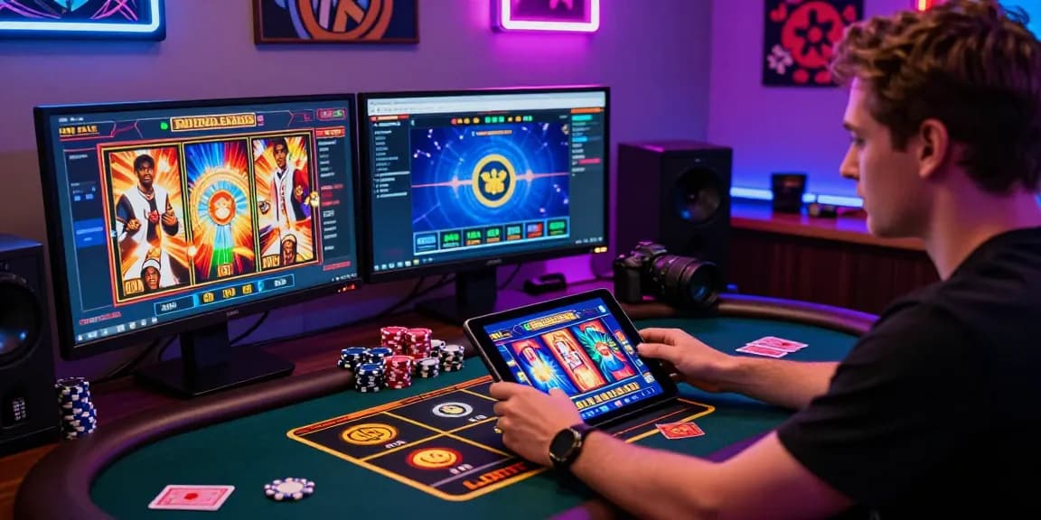 LUCK8 online gaming setup with vibrant slots and live dealer games