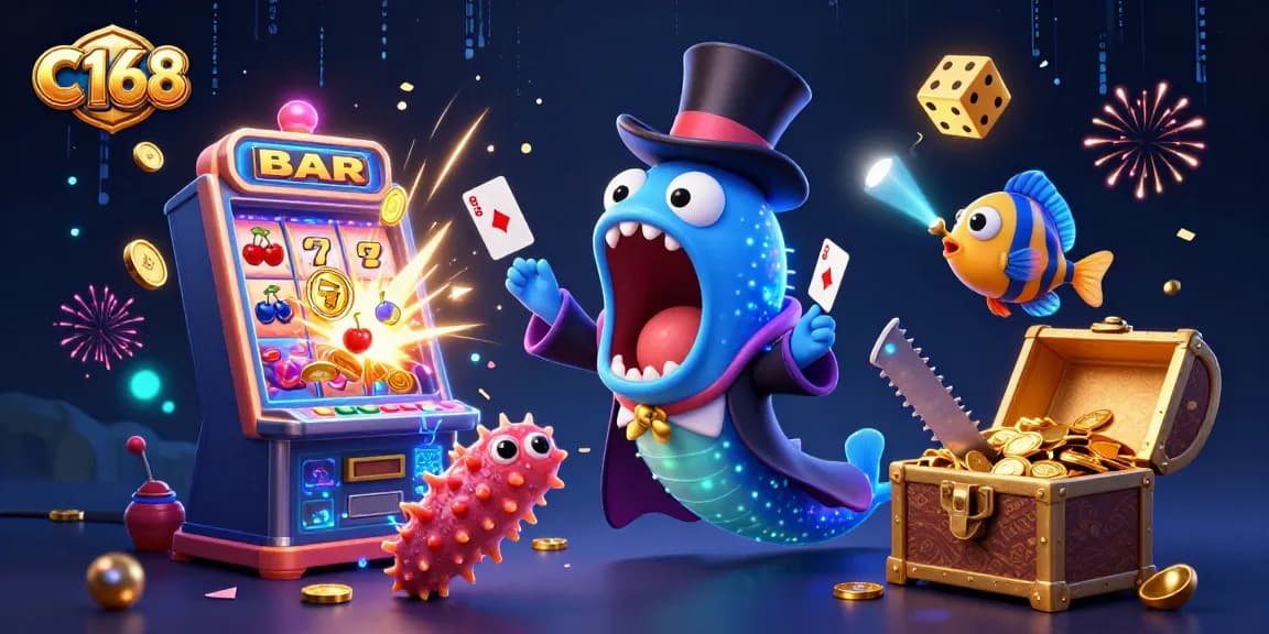 C168 brings excitement with a 3D illustration of a fantastical underwater casino scene featuring vibrant characters and a jackpot.