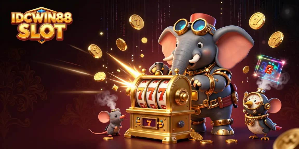 Experience the excitement of IDCWIN88 SLOT with a dynamic steampunk elephant and vibrant slot elements.