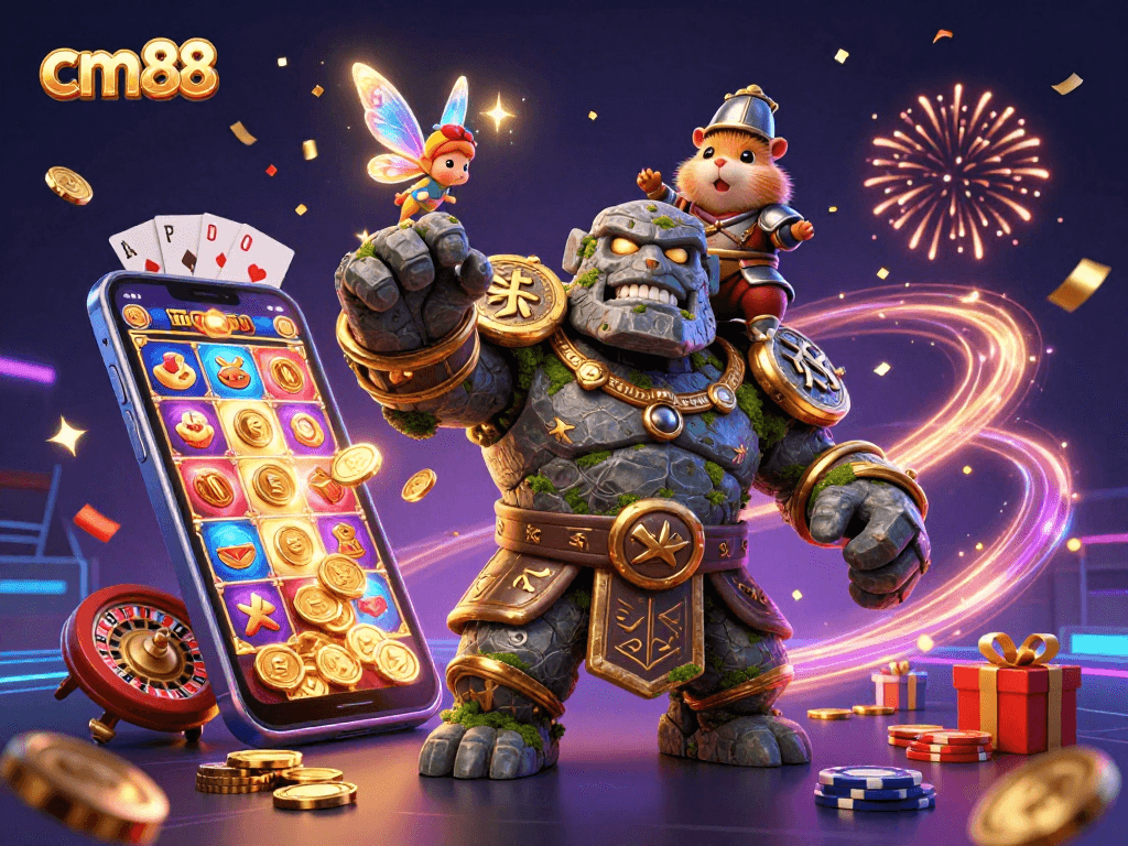 Engage with cm88’s thrilling gaming universe where a magical golem and companions celebrate winning strategies.