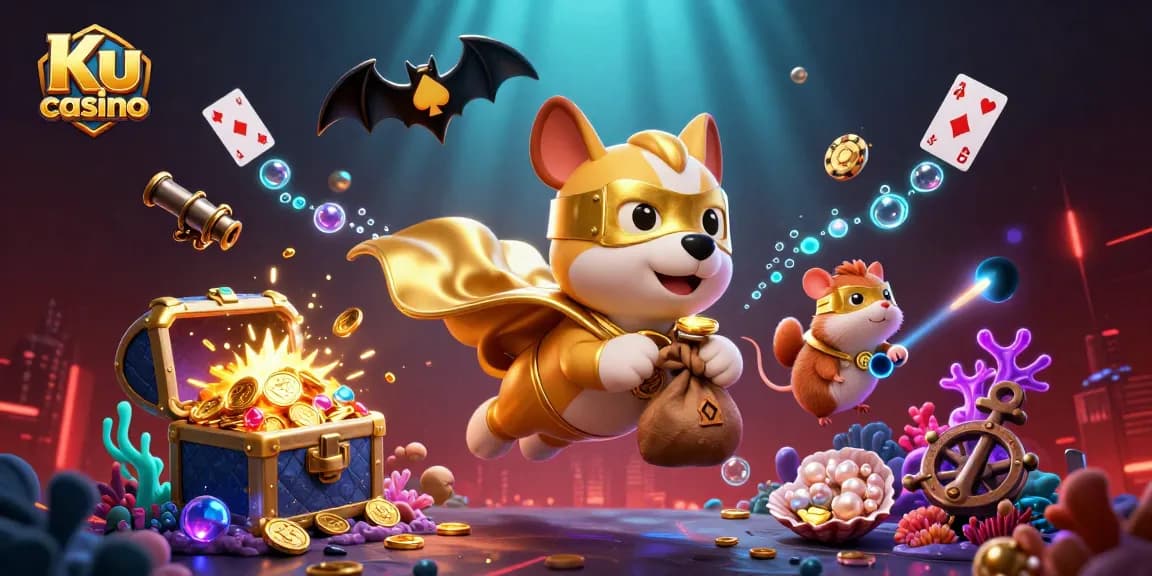 Experience exciting action at Ku casino with a superhero dog collecting gold coins in a vibrant 3D scene.