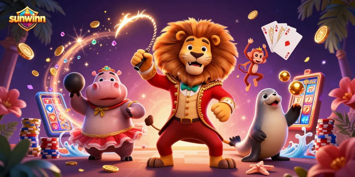 Experience thrilling gameplay at sunwinn with a vibrant 3D carnival casino scene featuring whimsical characters interacting with dynamic gaming elements.