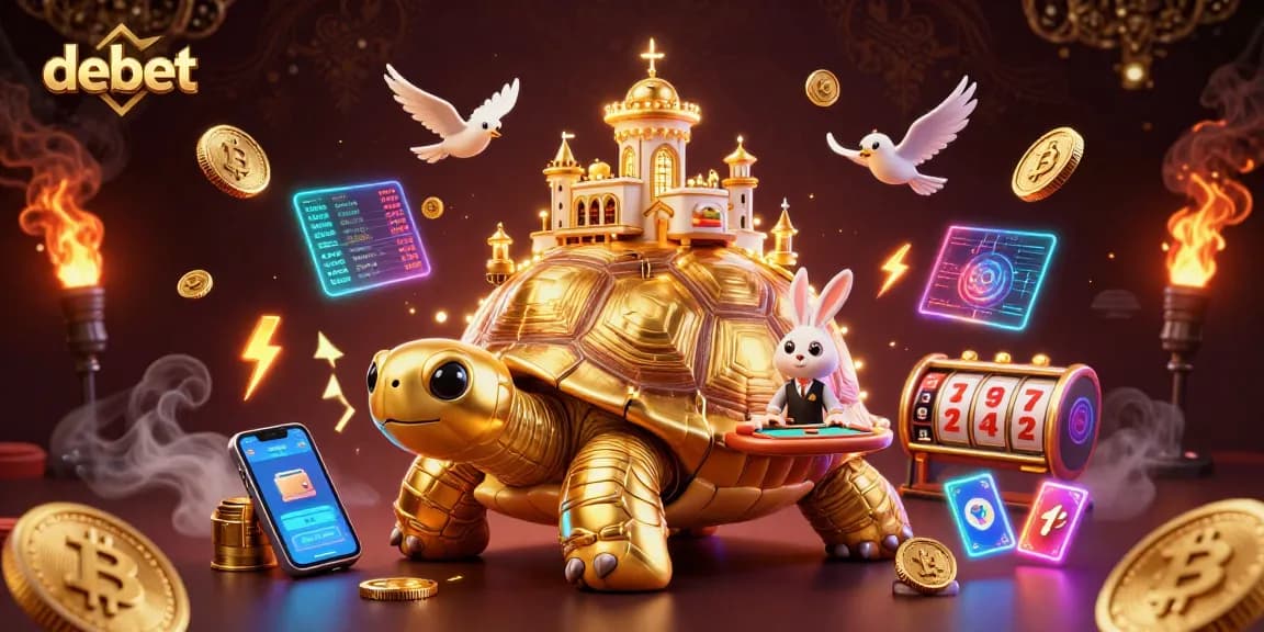 Win big with debet in this vibrant casino scene filled with crypto coins and lively characters.