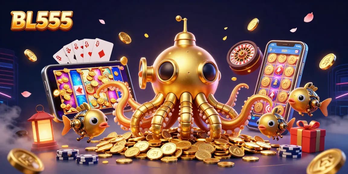 Experience thrilling wins with BL555 in this vibrant 3D casino scene featuring mechanical fish and golden coins.