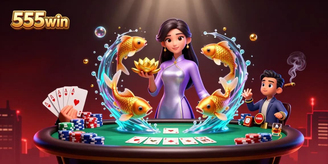 Experience winning at 555win with a vibrant 3D illustration showcasing exciting poker elements and gameplay.