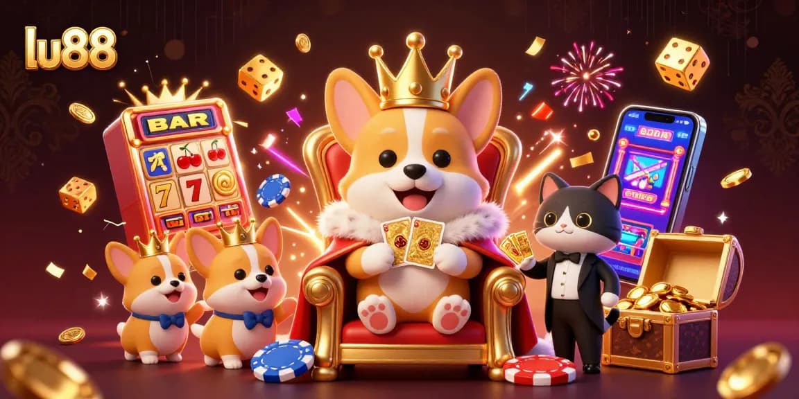 Experience the excitement at lu88 with royal corgis and jackpots exploding in a lively casino scene.