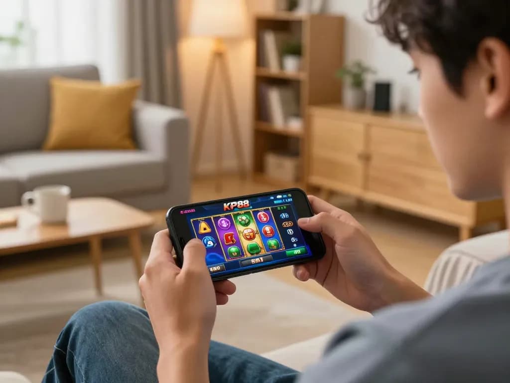 Enjoying KP88 mobile gaming with a colorful interface in a cozy living room.