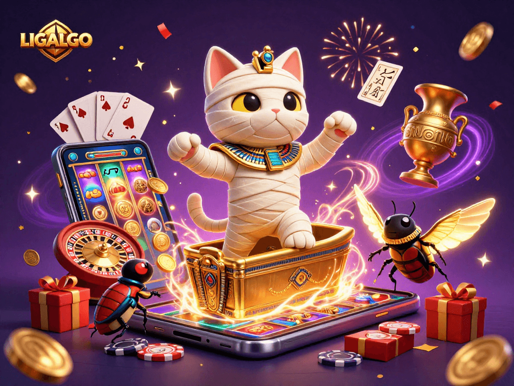 LIGALGO engages players with a vibrant 3D casino scene showcasing exciting slot gameplay and an Egyptian adventure.