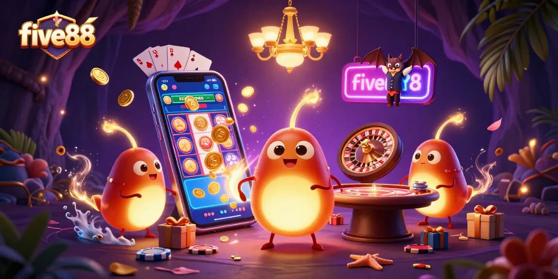 five88 ignites excitement in a bioluminescent underground casino, showcasing vibrant slot games and playful interactions.