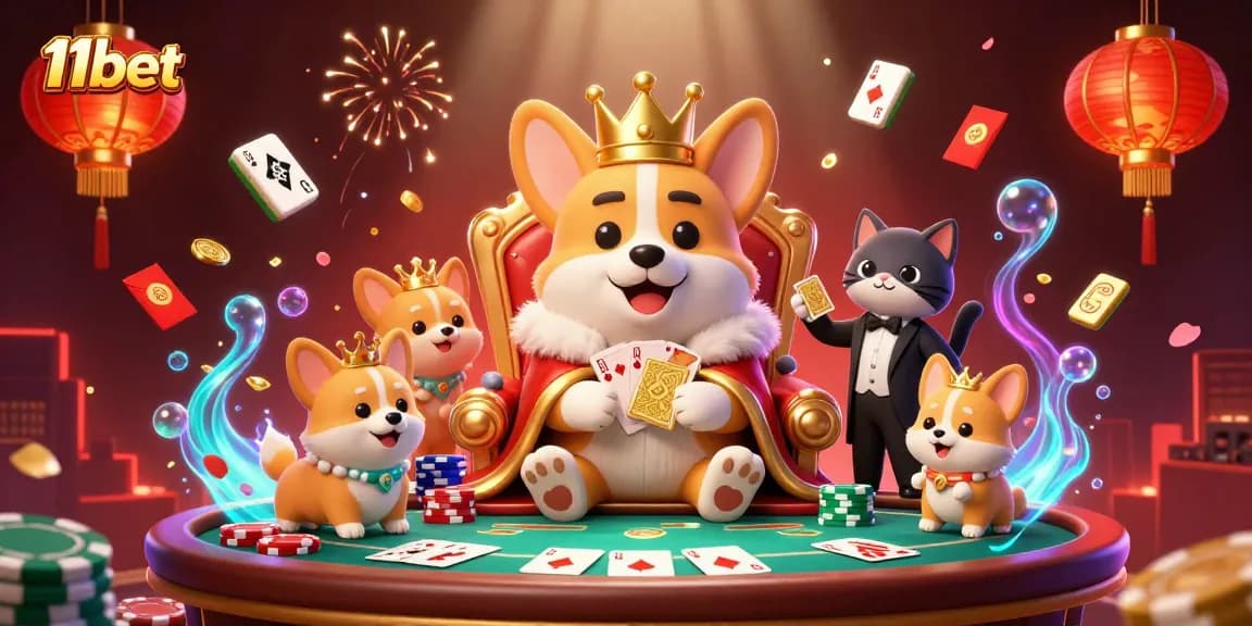 Experience the thrill of poker with the 11bet royal corgi on his golden throne.