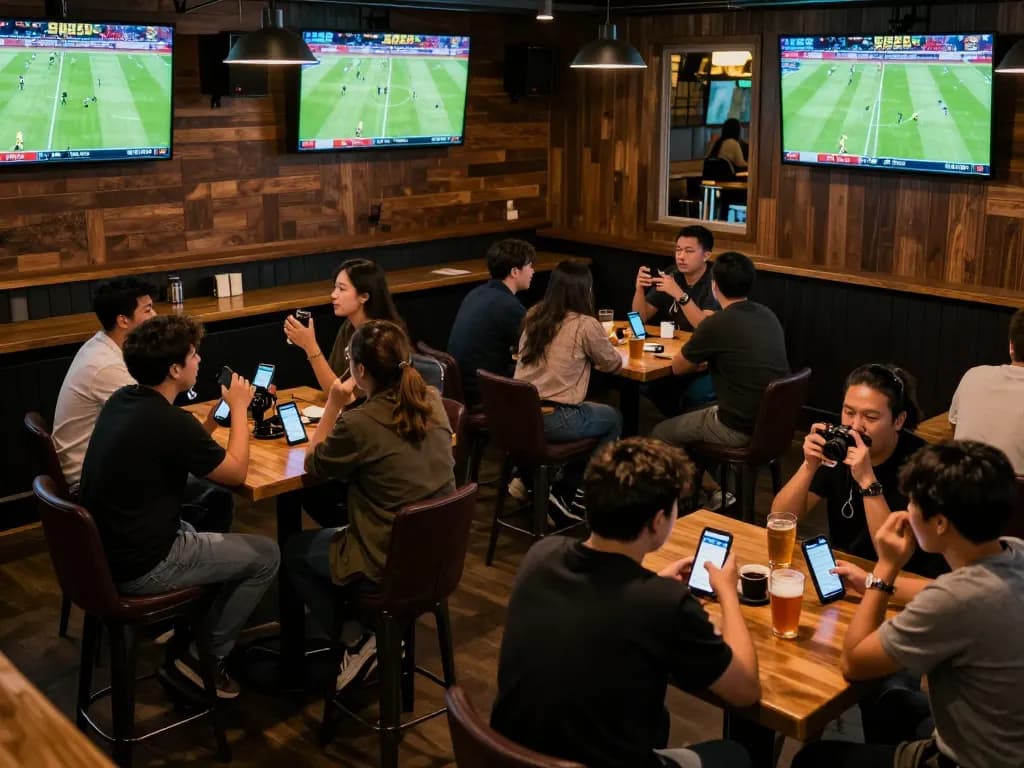 Engaged gamblers placing bets using mobile apps while enjoying live football matches, promoting soi keo nha cai experience