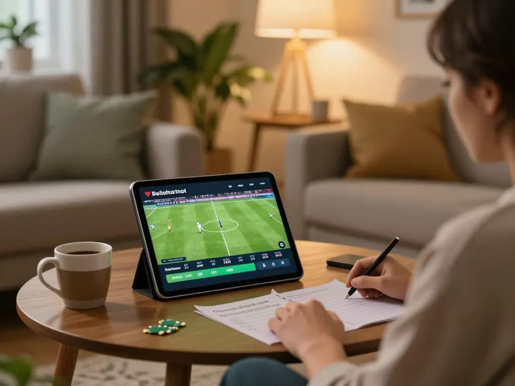 Xoilac live soccer betting setup at home, showcasing a gamer making strategic choices with cozy ambiance.