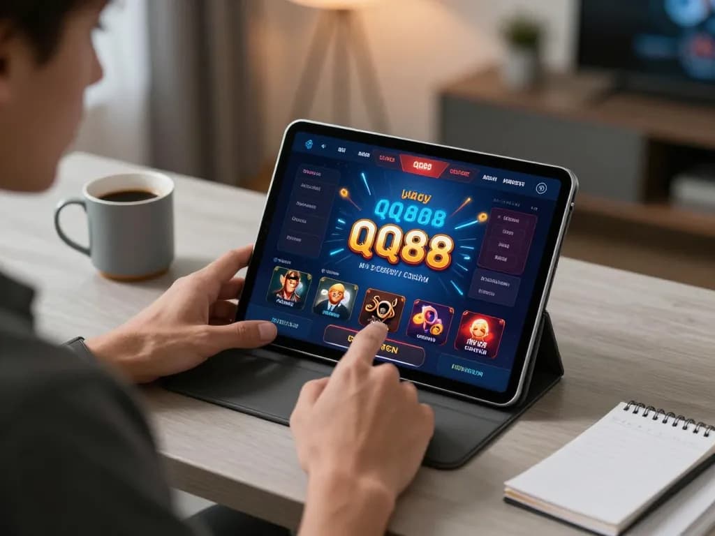 Playing QQ88 games on a tablet in a cozy home setting, highlighting online casino excitement