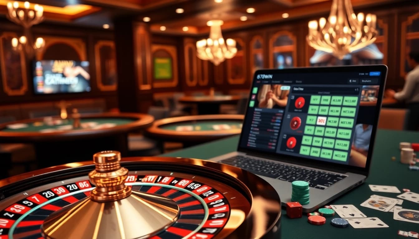 Exciting online betting experience with 678win featuring roulette, poker chips, and cards.