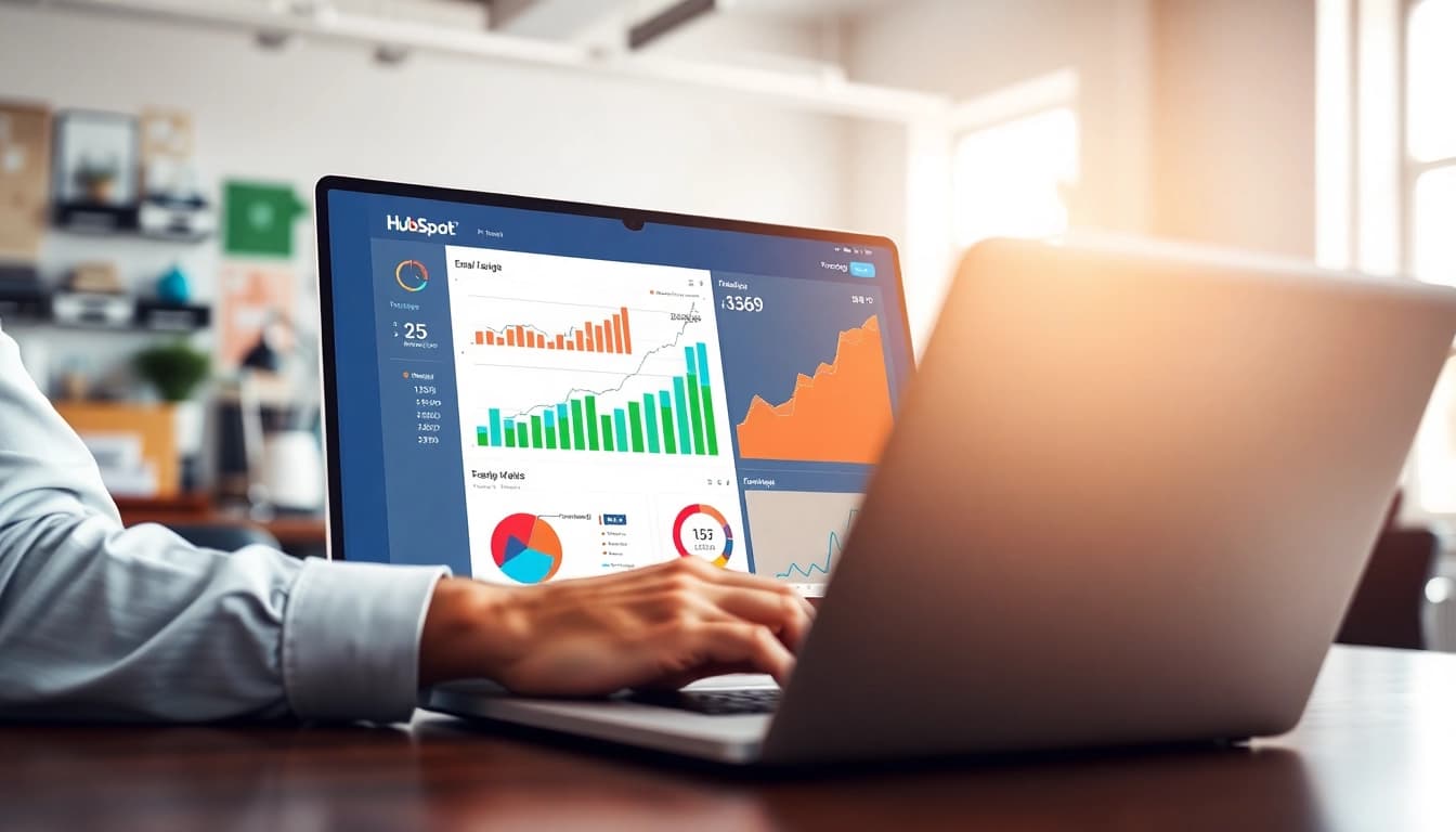 Marketer examining hubspot marketing email performance on a laptop screen.