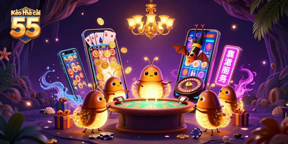 Experience Kèo nhà cái 55 with vibrant casino action featuring glowing characters and thrilling games.