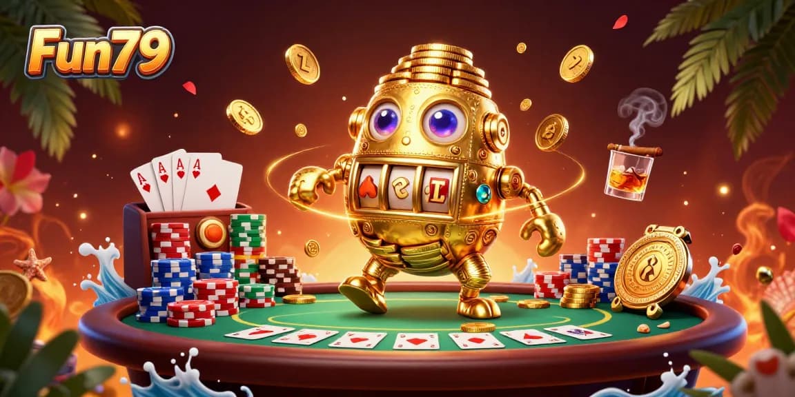Experience the thrill of Fun79 with a vibrant casino scene featuring a golden golem and poker elements.