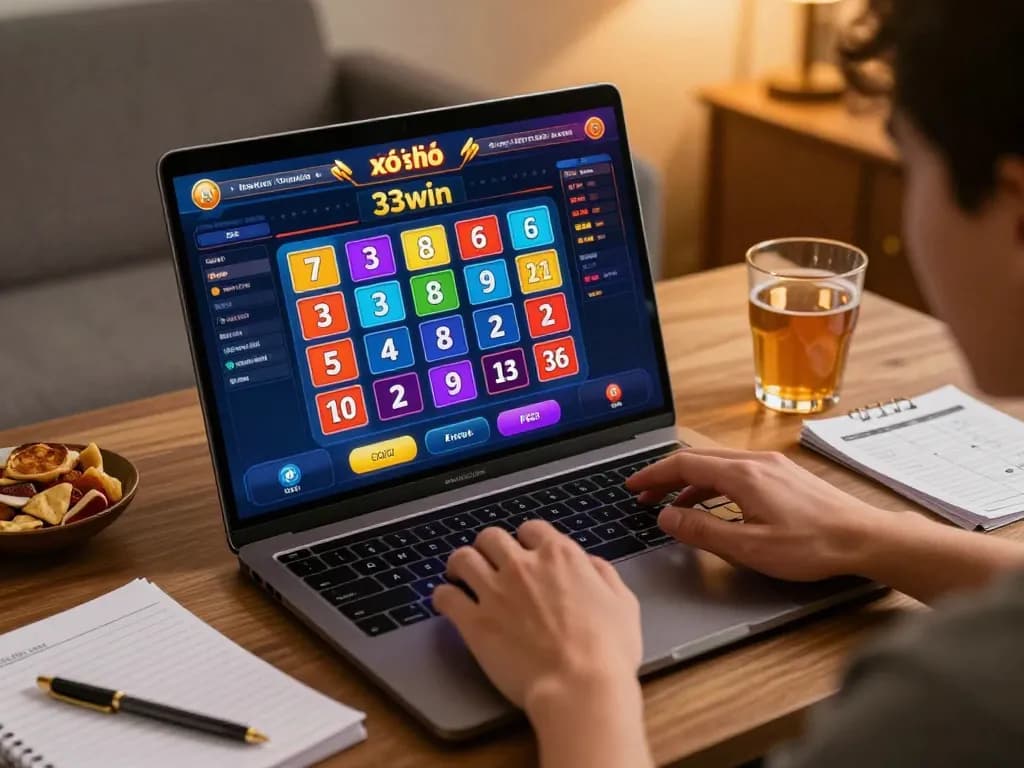 xổ số 33win gameplay on laptop screen with player engaged, showcasing casino strategy.