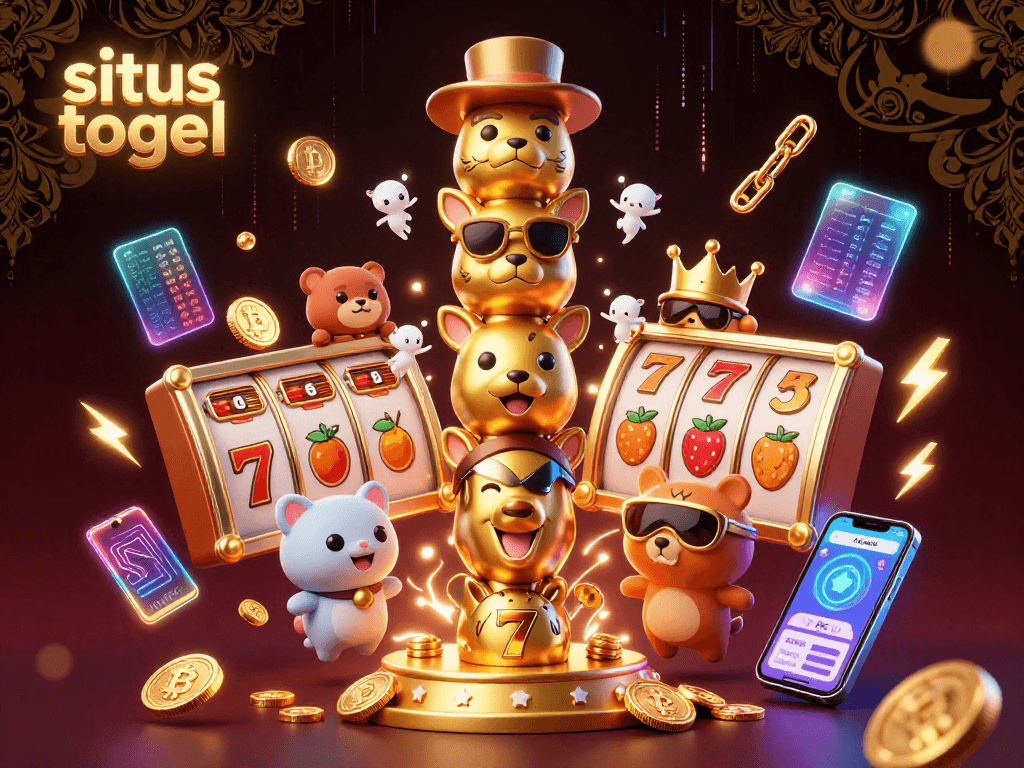 Engaging scene of a totem character accompanied by slot elements and cryptocurrency, representing situs togel excitement.