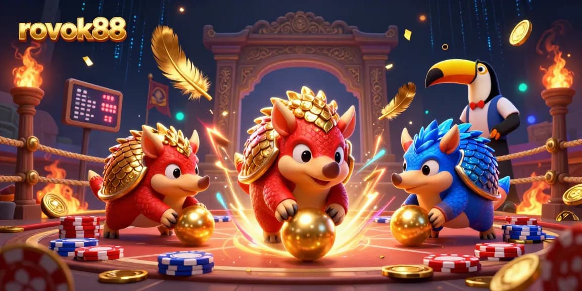 rokok88 pangolins compete in an exciting casino scene with colorful poker chips and vibrant decorations