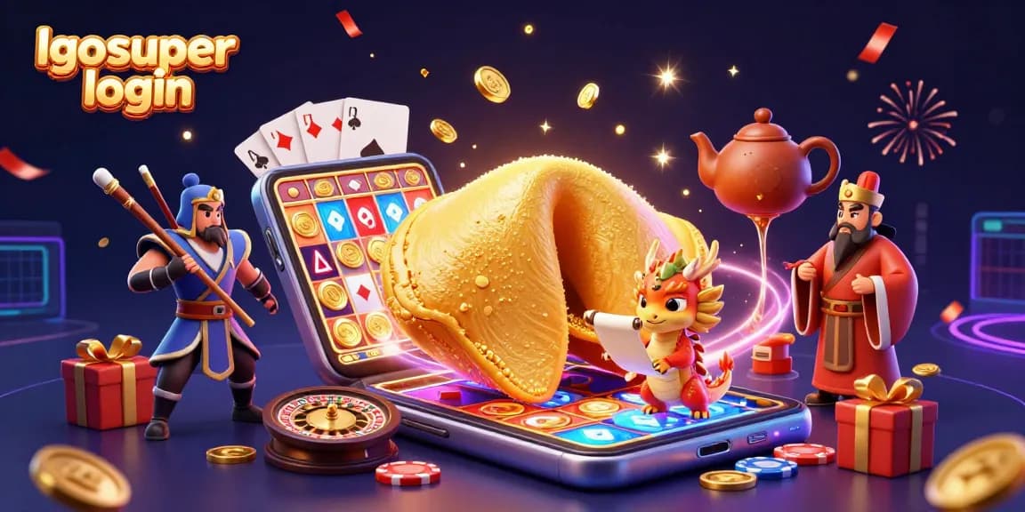 Win big with lgosuper login featuring a lively casino scene with golden fortune cookie and slot games.