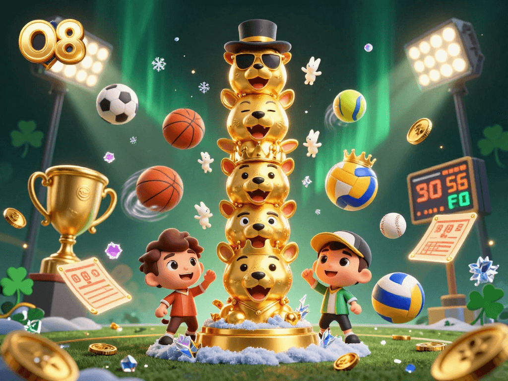 Engage with O8's thrilling sports betting atmosphere featuring dynamic casino elements and golden totem.