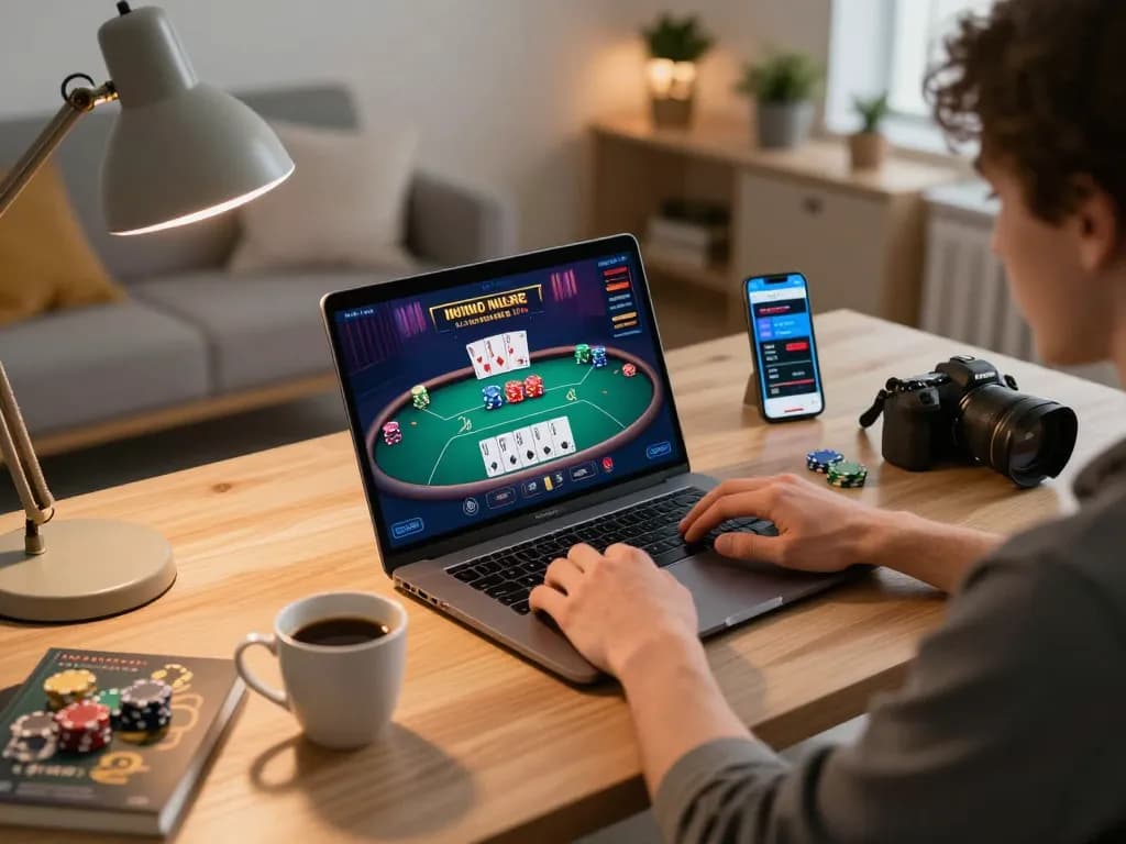 33winn online gaming setup showcasing strategic poker gameplay in a cozy home office atmosphere.