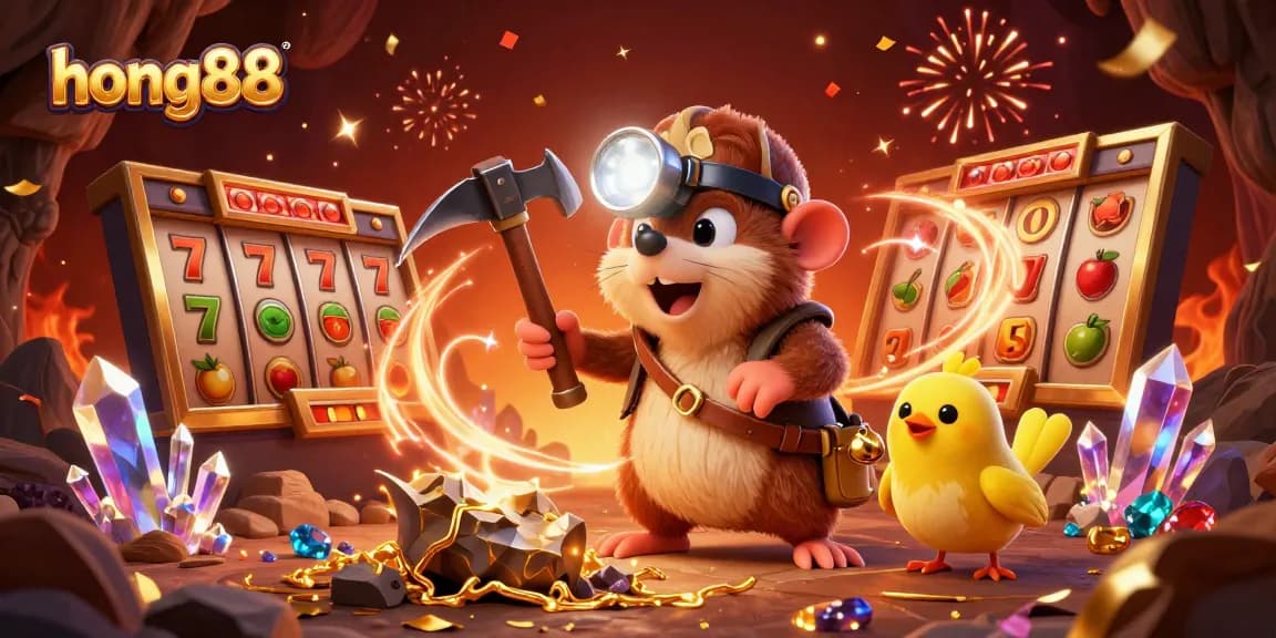 Join hong88 for thrilling slots as a treasure hunter mole explores a golden cave.