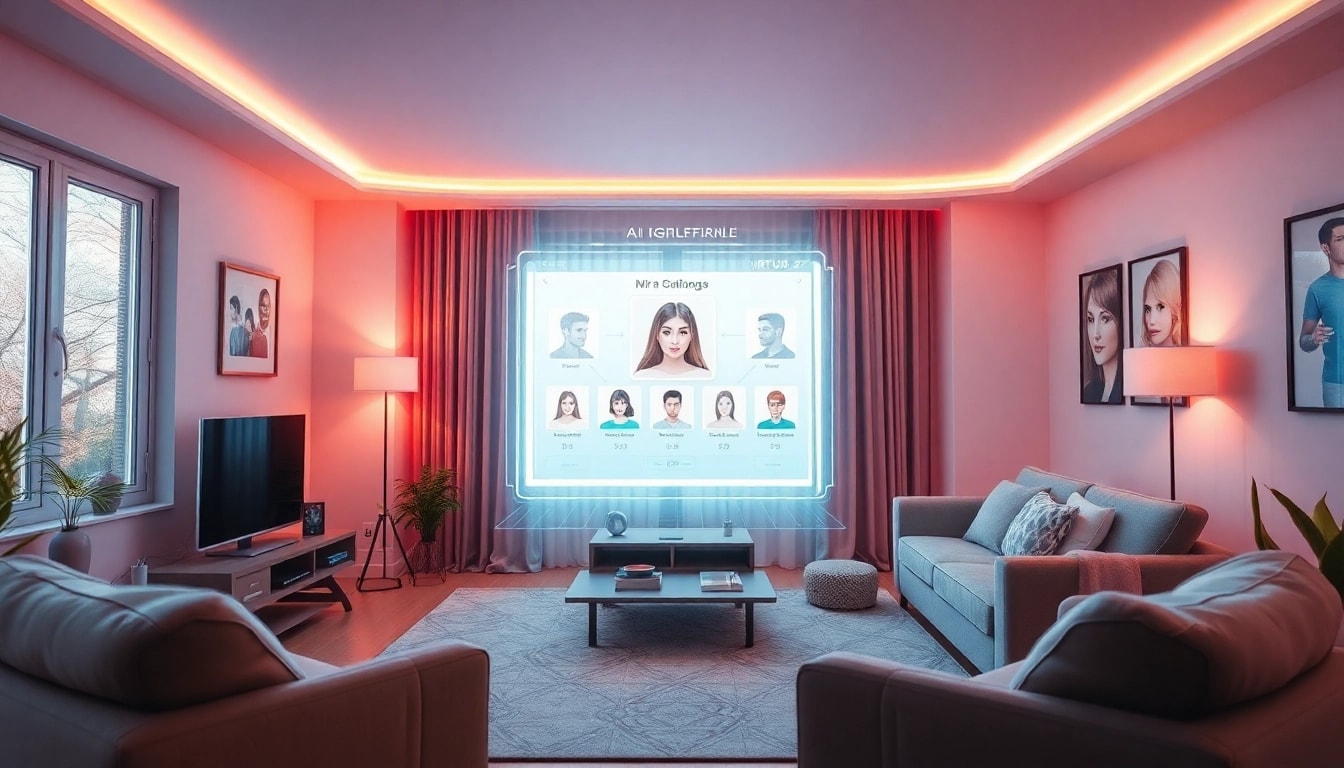 Customizable AI gf interface in a modern living room for personalized companionship
