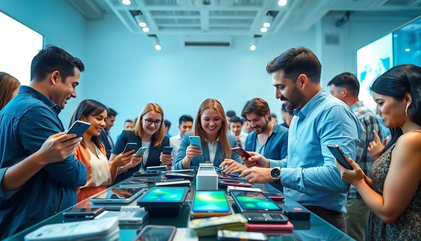 Exchange of smartphones for instant cash for phones at a vibrant storefront.