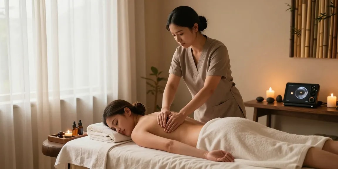 Relaxing color palette in a massage therapy setting emphasizing the art of 일산출장마사지 and tranquility.
