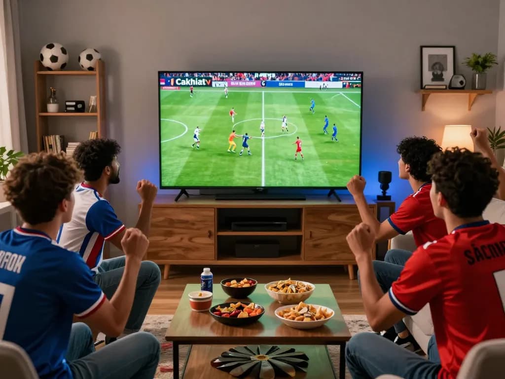 Cakhiatv football fans enjoying a live match in vibrant atmosphere with snacks and team jerseys.
