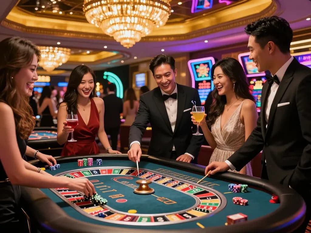 Casino Hong Kong scene with friends enjoying roulette, colorful lights, cocktails, and vibrant atmosphere