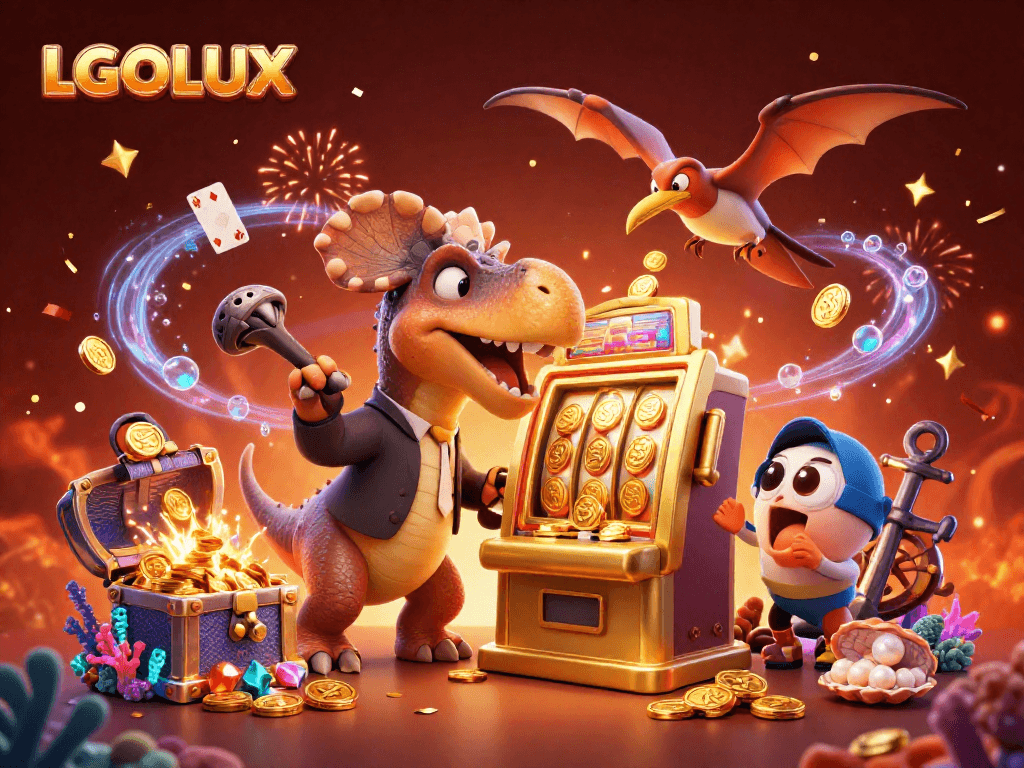 LGOLUX showcases a pachycephalosaurus jackpot win as coins rain down in an exciting casino scene.