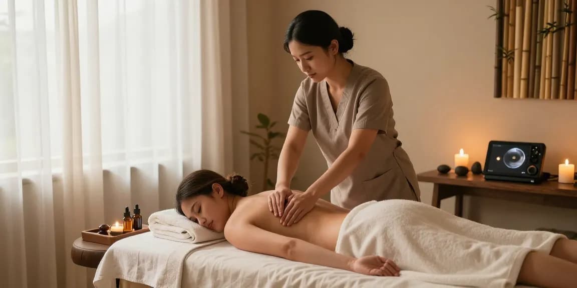 Relaxing color palette in a massage therapy setting emphasizing the art of 일산출장마사지 and tranquility.