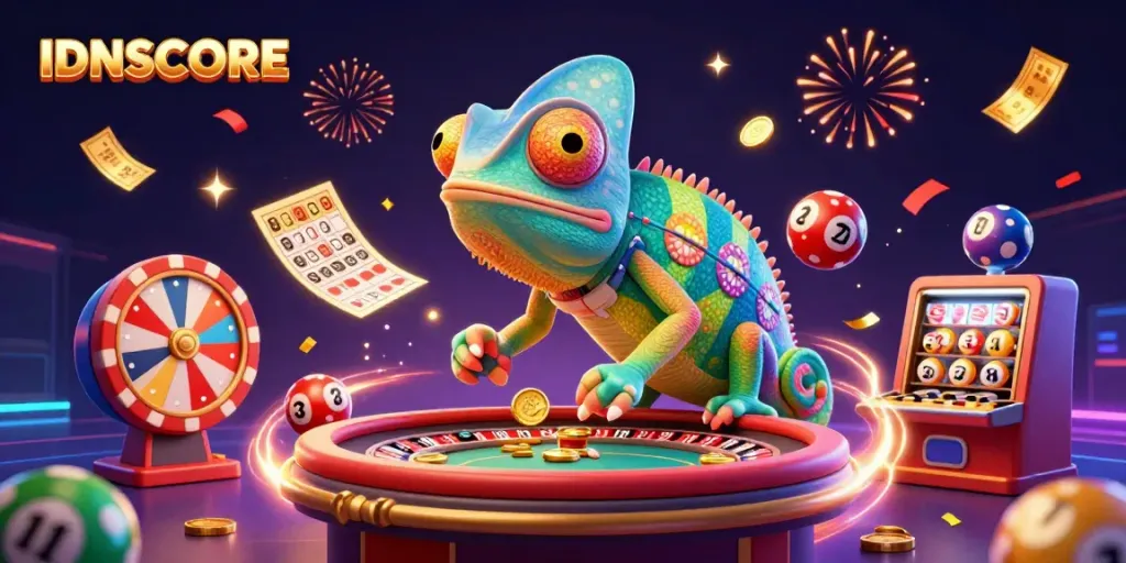 Experience winning excitement at IDNSCORE with a vibrant casino illustration featuring a colorful chameleon owner and dynamic game elements.
