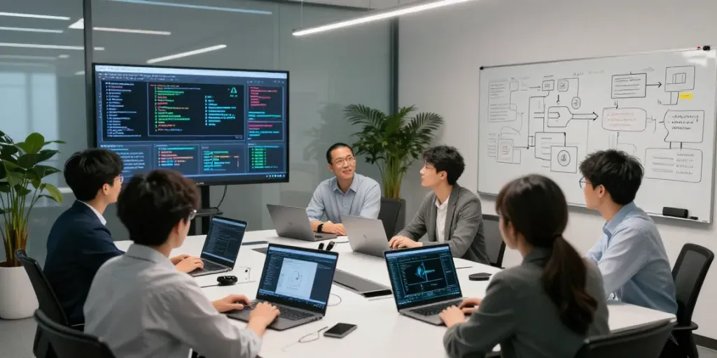 Engaged team collaborating on Enterprise AI strategies in a modern lab environment.