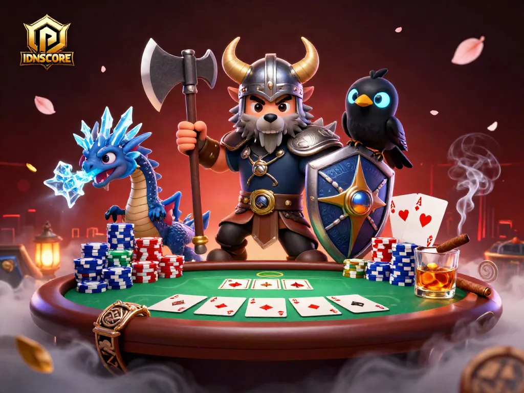 Engage with IDNSCORE, where a Viking wolf warrior champions poker amidst a frosty dragon.